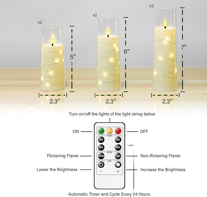 Eebuss Flameless Candles with Embedded Star String, Battery Operated LED Pillar Candles with Timer and Remote Control,Home Decorating for Ambiance， Set of 7(Ivory)