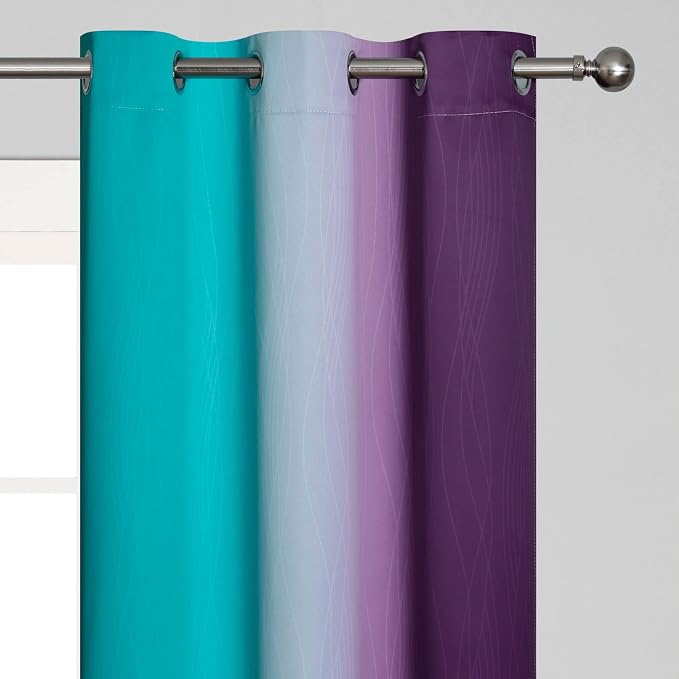 Estelar Textiler Ombre Teal and Purple Blackout Curtains 2 Panels, Grommet Thermal Insulated Gradient Drapes for Kids Room Bedroom, 42x45 Inch