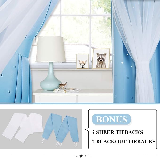 NICETOWN Kids Boys Blackout Curtains, Double-Deck Sheer Panel & Star Drapes for Living Room, Window Treatments with Tie Backs (Blue, 1 Pair, W52 x L95)