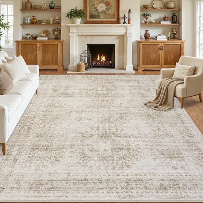 10x14 Area Rug for Living Room: Vintage Boho Neutral Washable Rug Indoor Soft Large Area Rug Carpet for Bedroom Nursery Farmhouse Dining Room Office Floor Non-Slip Low Pile Under Table Rug Brown