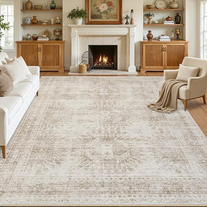 10x12 Area Rug for Living Room: Vintage Boho Neutral Washable Rug Indoor Soft Large Area Rug Carpet for Bedroom Nursery Farmhouse Dining Room Office Floor Non-Slip Low Pile Under Table Rug Brown