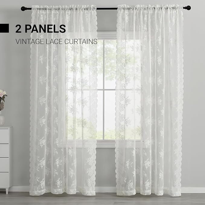 Kotile Lace Curtains 54 Inch Length for Small Window, Embroidery Vintage Floral Sheer Lace Curtains 2 Panels Set, Rod Pocket Privacy Sheer Window Curtain, 52 x 54 Inch, 2 Panels, Ivory