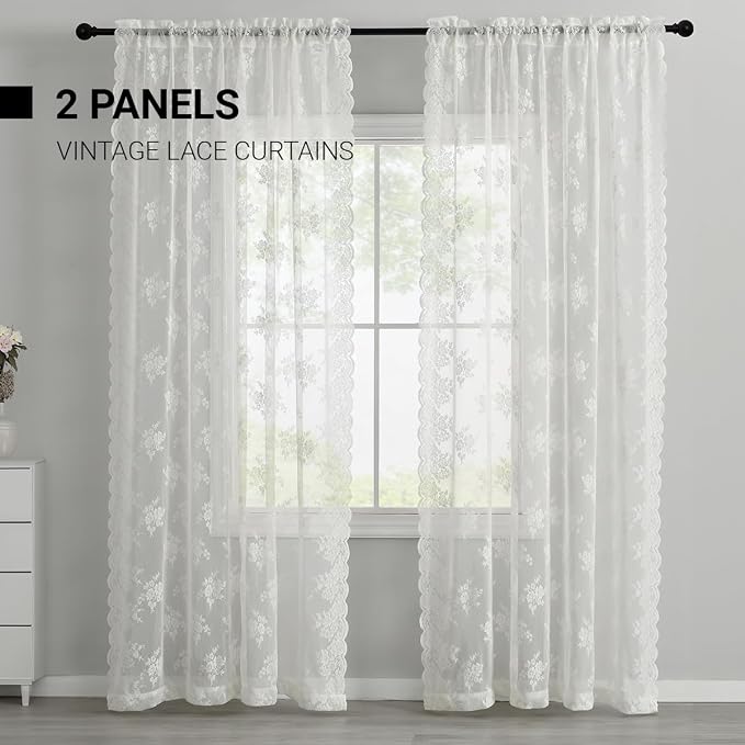 Kotile Lace Curtains 45 Inch Length - Short Lace Curtains for Kitchen Window, Vintage Sheer Cafe Curtain 2 Panels, Rod Pocket Rustic Floral Short Drapes, 52 x 45 Inch, 2 Panels, Ivory