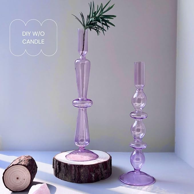 Candle Stick Candle Holder, Glass Candle Holders for Table Centerpiece, Modern Style Purple Candle Holder Mixed 4pcs