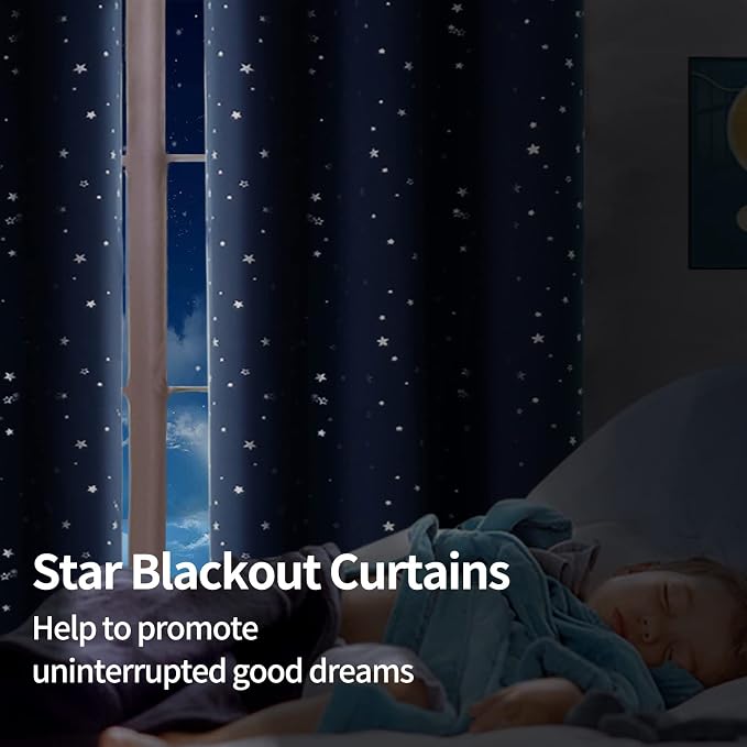 BGment Kids Blackout Curtains for Bedroom - Grommet Thermal Insulated Silver Star Print Room Darkening Curtains for Living Room, Set of 2 Panels (42 x 54 Inch, Navy Blue)