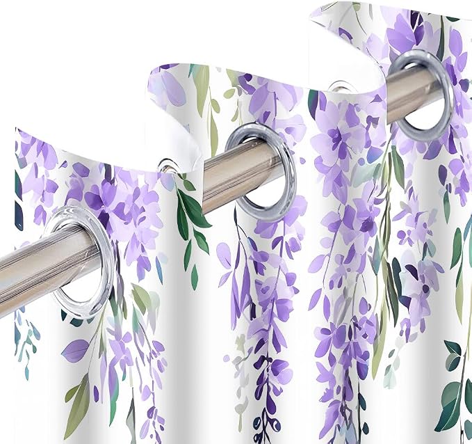 Purple Watercolor Floral Blackout Curtains 42x84 Inch 2 Panels | Botanical Leaves Vine Flowers, Rustic Farmhouse, Blackout Window Treatment, For Bedroom Living Room