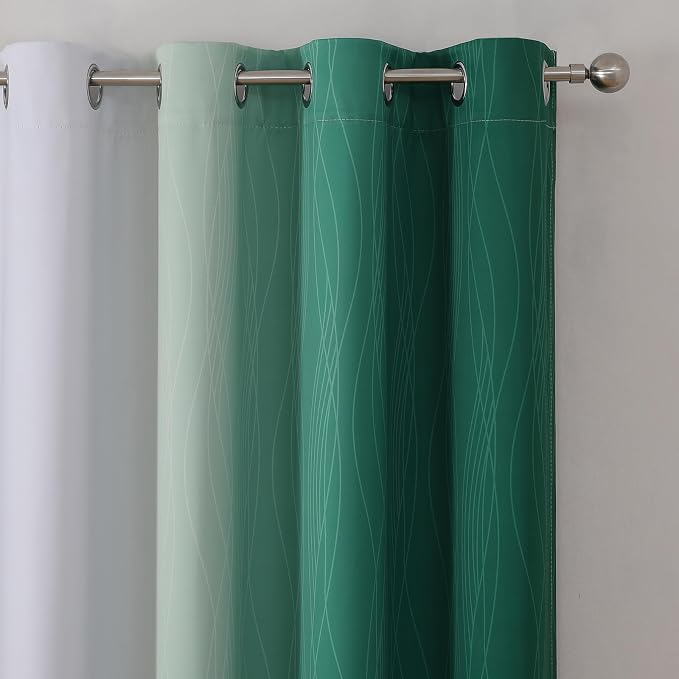 Estelar Textiler Green and Greyish White Gradient Blackout Curtains 102 Inches Long for Bedroom, Thermal Insulated Full Room Darkening Ombre Gray Grommet Drapes for Living Room, 52Wx102L, 2 Panels