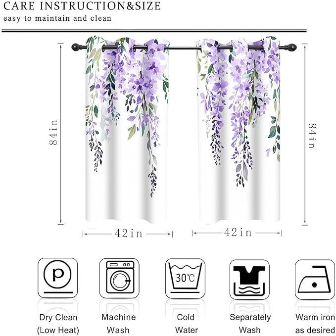 Purple Watercolor Floral Blackout Curtains 42x84 Inch 2 Panels | Botanical Leaves Vine Flowers, Rustic Farmhouse, Blackout Window Treatment, For Bedroom Living Room