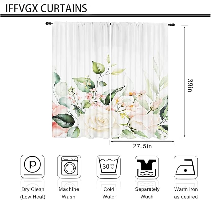 Colorful Floral Plants Kitchen Curtains 27.5Wx39H Inch Rod Pocket Small Curtains for Bedroom Room Colorful Watercolor Leaf Plants Floral Window Treatments Decorative for Living Room 2 Panels