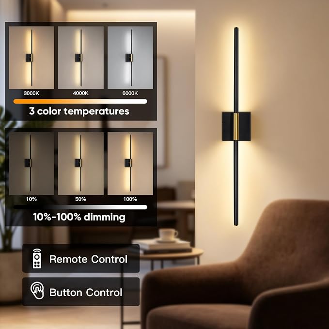 Battery Operated Wall Sconces Set of Two 360° Rotate Wireless Rechargeable Light Dimmable with Remote - Black Gold Modern Sconces Cordless Magnetic Wall Decor for Home Bedroom Timer 31.5 in