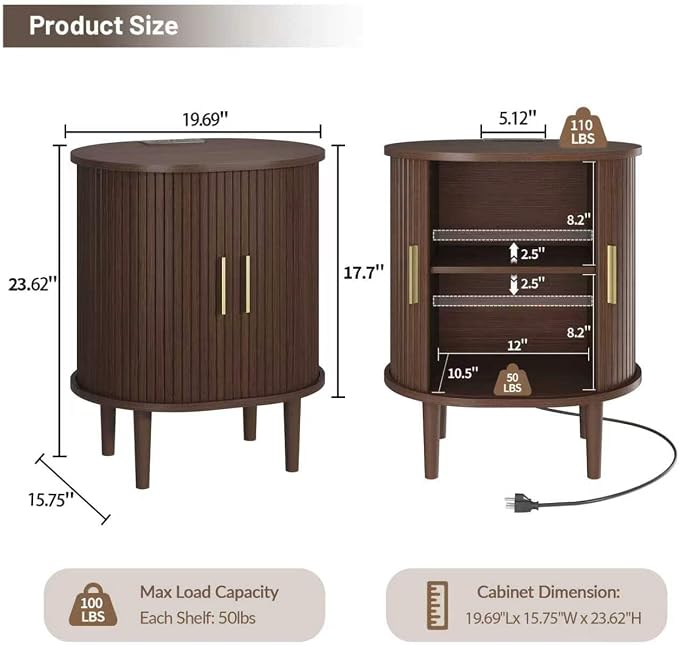 DHH Mid Century Modern Nightstand Set of 2 with Charging Station, Fluted Accent Side Table with Sliding Door & Adjustable Shelf, End Table for Small Space, Living Room, Bedroom,Sofa Couch(2, Walnut)