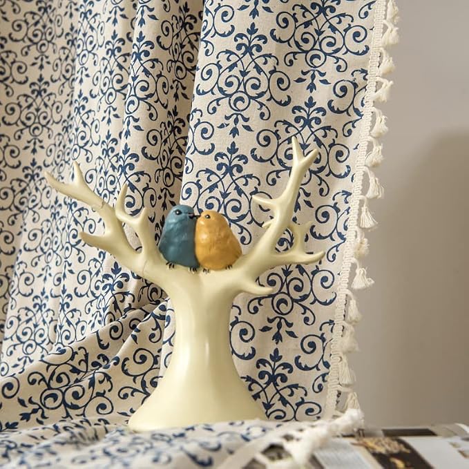 Sutuo Home Boho Curtain 84 Inches Length Semi-Blackout Bohemian Damask Moroccan Florals Print Darkening Curtains Tassels, Rod Pocket Window Treatment Drapes for Bedroom, 1 Panel 59" W x 84" L, Blue