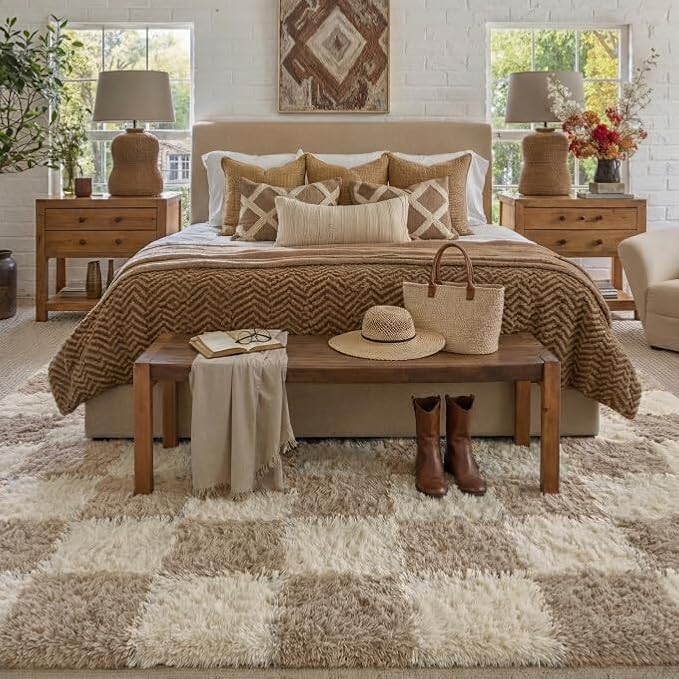 PureCozy Beige 9x12 Area Rugs for Living Room Soft Shag Checkered Large Rug Modern Washable Indoor Office Fuzzy Carpet Non-Slip Fluffy Rugs for Bedroom Nursery Dorm Playroom Home Aesthetic Decor