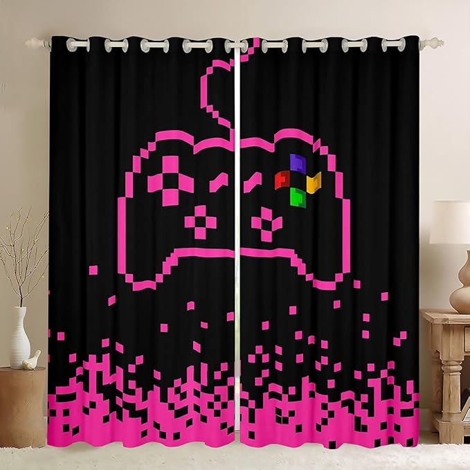 Castle Fairy Gamepad Window Curtain,Pixel Miners Games Blackout Window Treatment,Kids Girls Men Pink Plaid Patchwork Bedroom Curtains Modern Fashion Living Room Decor Top 2 Panels,52Wx63L