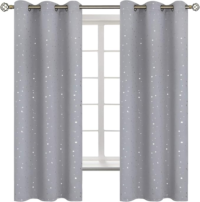 BGment Kids Blackout Curtains for Bedroom - Grommet Thermal Insulated Silver Star Print Room Darkening Curtains for Kids Room, Set of 2 Panels, 38 x 63 Inch, Light Grey