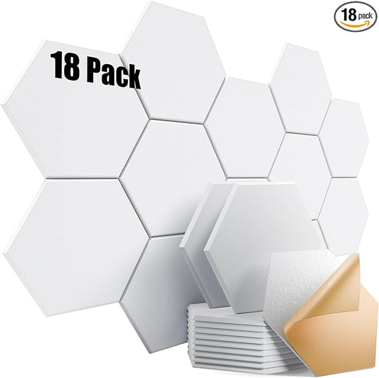 18 Pack Self-Adhesive Acoustic Panels 12" X 10" X 0.4" - Sound Proof Foam Panels for Wall with High Density, Hexagon Design, Flame Resistant, Absorb Noise and Eliminate Echoes(White)