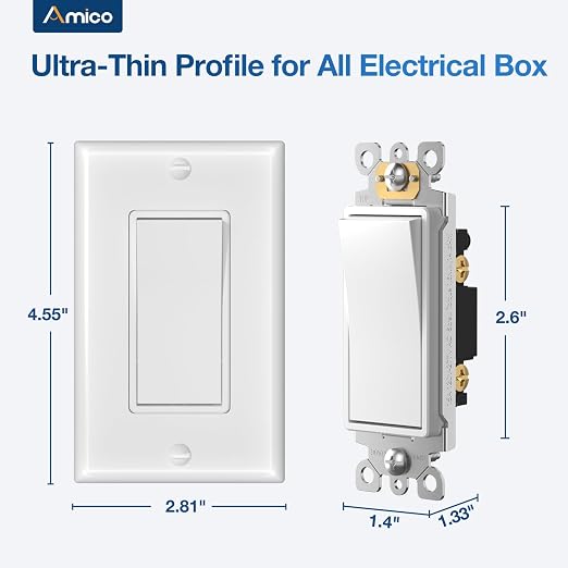 Amico 30 Pack Single Pole Decorator Light Switch with Wallplate and 50 Pack 15A Wall Outlet, White Decorator Receptacle with Wall Plate, UL Listed