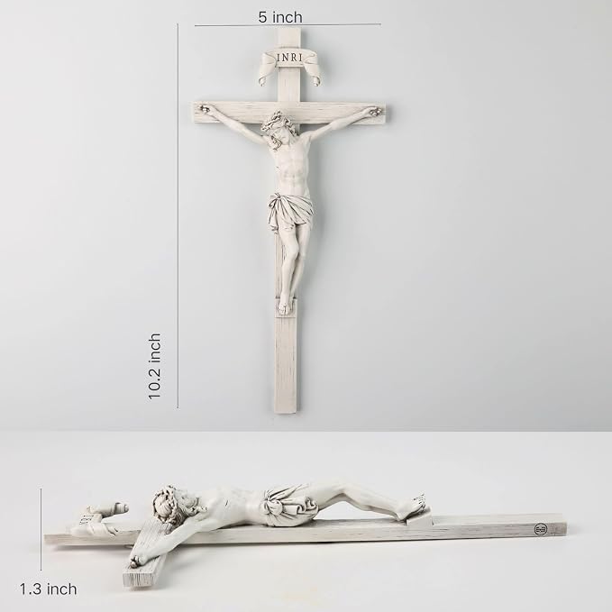 BC Catholic Crucifix Wall Cross, 10" H Jesus Christ Home Decor, Religious Gift, Wood Carved Look, Grey White Finish, Hand Painted by Buildclassic