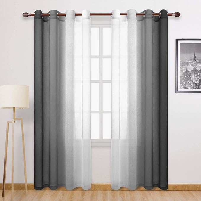 DWCN Ombre Faux Linen Sheer Curtains - Semi Voile Gradient Grommet Top Curtains for Bedroom and Living Room, 52 x 108 Inches Long, Set of 2 Window Curtain Panels, Black