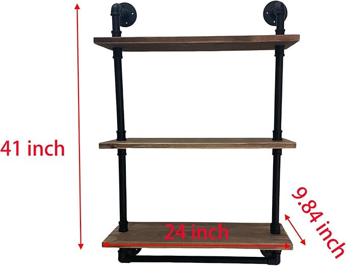 ROGMARS Industrial Pipe Shelving Bathroom Shelves with Towel bar | 24 inch Pine Wood Floating Shelves for Wall Mounted Bedroom,Kitchen, Farmhouse, Living Room 3 Tier