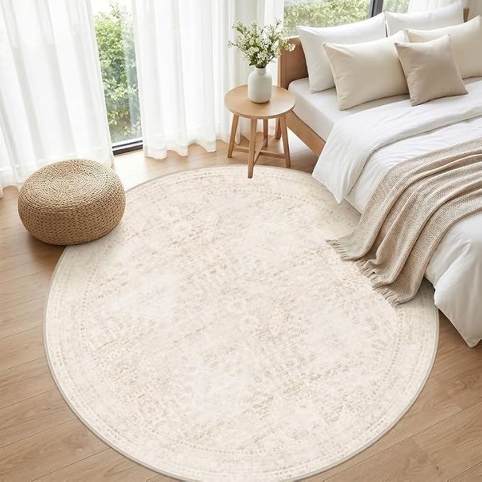 Round Area Rug for Living Room: 6ft Vintage Boho Neutral Washable Circle Rug Soft Large Circular Carpet for Bedroom Nursery Farmhouse Dining Room Office Floor Non-Slip Low Pile Under Table Rug Beige