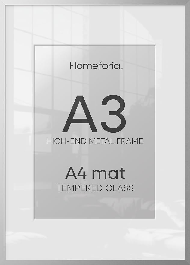 Homeforia A3 Picture Frame Silver, High End Metal 11.7 x 16.5 inch Poster Frames with Mat 8.3 by 11.7 for Photo, A3 Size Frames Matted to A4 Art, 11.7x16.5 Wall Hanging Frame, Tempered Glass, Set of 1