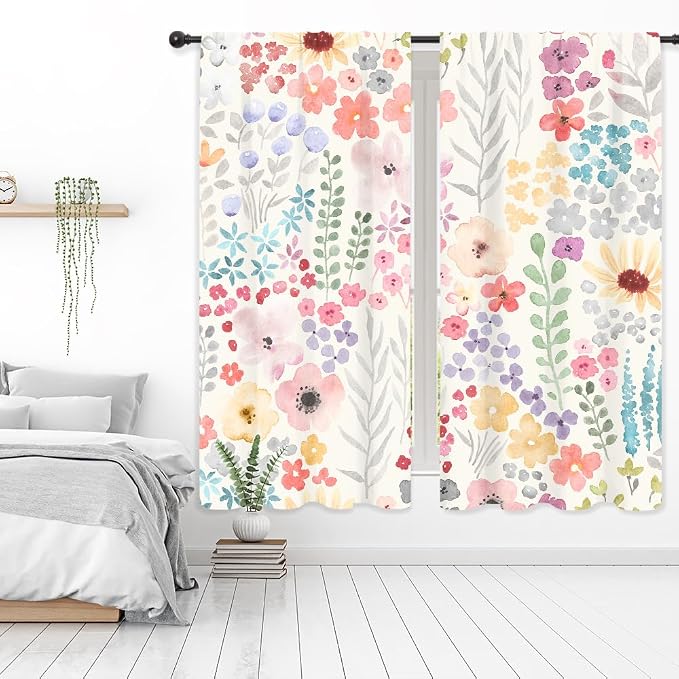 Riyidecor Colorful Floral Curtains Pink Cute Boho Wildflower Trendy Watercolor Plant Leaves Botanical Rod Pocket Pretty Aesthetic for Girls Bedroom Living Room Treatment Fabric 2 Panels 42Wx63H Inch