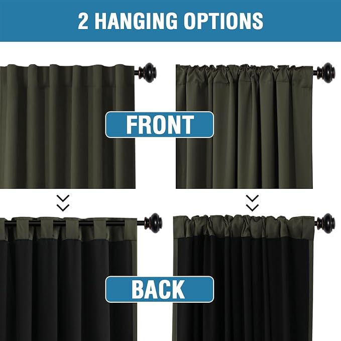 H.VERSAILTEX 100% Blackout Curtains for Bedroom with Black Liner Full Room Darkening Curtains 45 Inch Long Thermal Insulated Back Tab/Rod Pocket Window Drapes for Living Room, 2 Panels, Olive