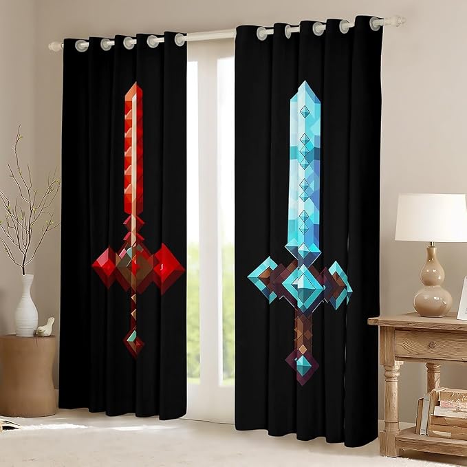 Castle Fairy Red Blue Sword Window Curtain,Sandbox Building Games Bedroom Decor Curtains,Kids Teens Pixelated Style Swords Window Treatment Fashion Black Blackout Drapes 2 Panels,38Wx54L