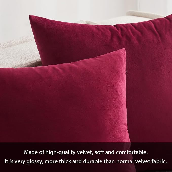 MIULEE Pack of 2 Velvet Soft Solid Decorative Throw Pillow Covers Burgundy Pillowcases for Sofa Bedroom Couch Car,18x18 Inch Wine Red
