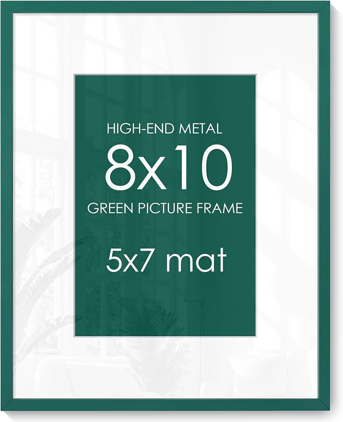 8x10 Picture Frame for 5x7 Photo, Minimalist Aluminum Frame, Dark Green | Metal Wall Frame for Gallery, Desk, or Gift Giving | Shatterproof Glass & Wall Kit