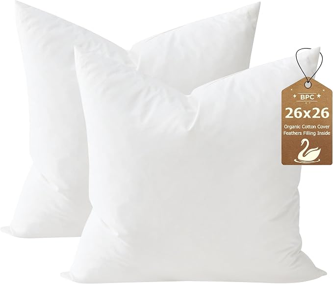 BPC 26x26 Down Feather Throw Pillow Inserts Set of 2, 100% Organic Cotton Cover, Soft Square Decorative Pillow for Sofa, Couch and Bed, White
