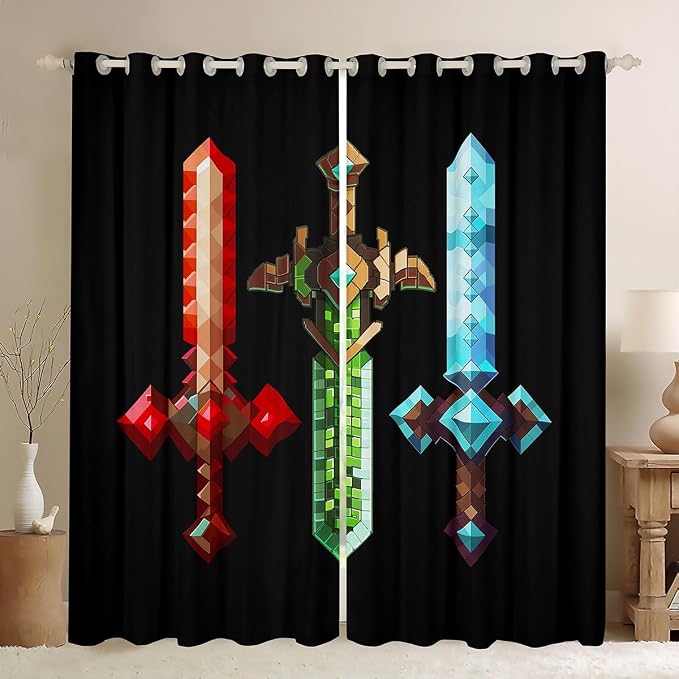 Castle Fairy Colorful Sword Window Curtain,Sandbox Building Games Bedroom Decor Curtains,Kids Adult,Geometric Block Window Treatment Modern Miner Black Blackout Drapes 2 Panels,38Wx45L