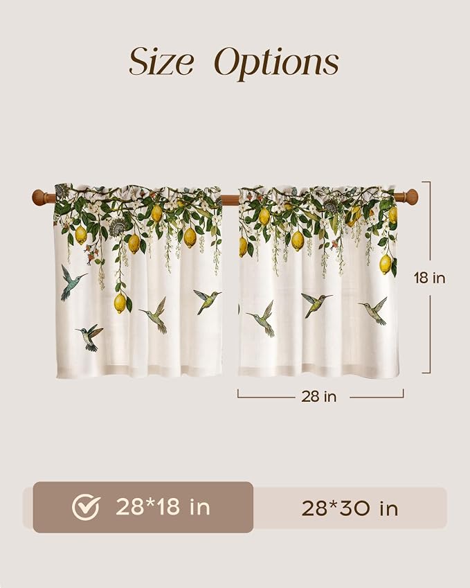 Miss Adola Farmhouse Kitchen Tier Curtains - 18 Inch Length Linen Blend Vintage Cafe Curtains Lemon Bird Small Window Treatments Over Sink Rod Pocket for Bathroom Living Room Light Filtering, 2 Panels