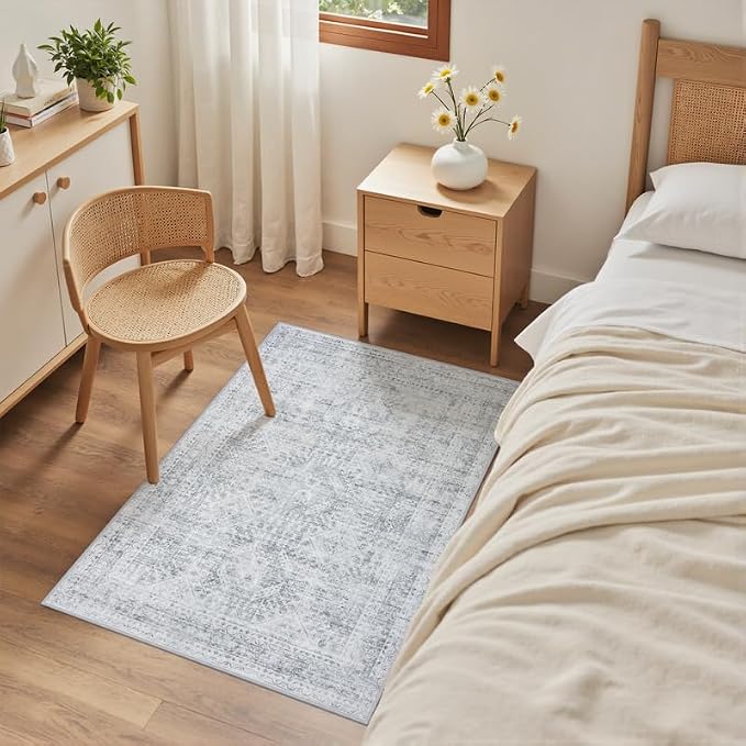 Machine Washable Area Rugs 2x3: Vintage Boho Neutral Washable Rug Indoor Soft Small Entryway Throw Carpet for Living Room Bedroom Kitchen Laundry Floor Non-Slip Low Pile Entrance Rug Gray