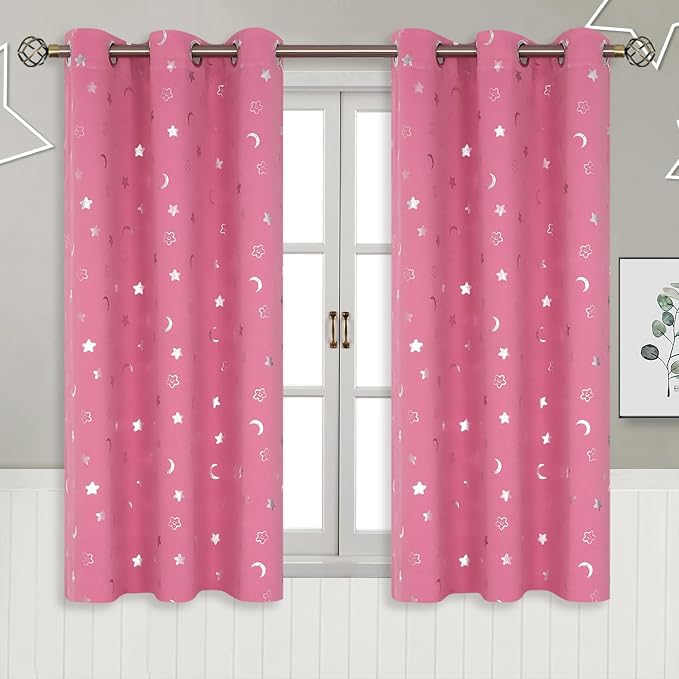 BGment Pink Curtains for Girls Bedroom 45 Inch Long, Short Star and Moon Blackout Curtains for Nursery, Thermal Insulated Room Darkening Small Window Curtains with Grommet for Kids, 42 Wide, 2 Panels