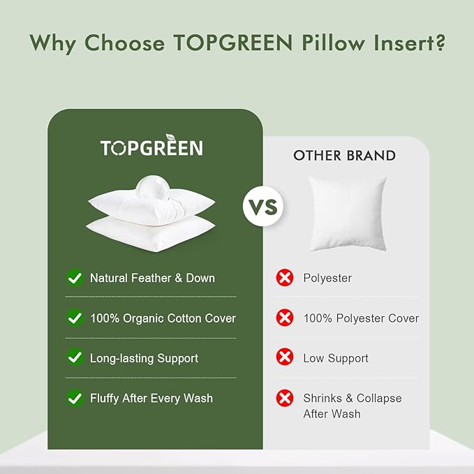 TOPGREEN Feathers Down Throw Pillow Inserts 22x22, Set of 2, 100% Organic Cotton Shell, Soft Decorative Square Pillows Insert for Living Room Sofa, Couch, or Bed (White)