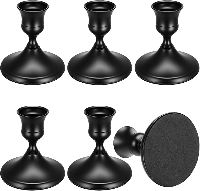 6PCS Brass Black Taper Candle Holders Set, Vintage Metal Candlestick Holders for Table Centerpiece, Wedding Reception, Festive Christmas Mantel Decoration or Home Decor