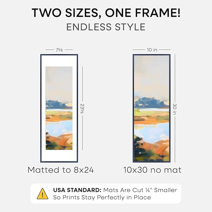 Homeforia 10x30 Navy Blue Picture Frame, High End Metal 10by30 Poster Frames with Mat 8x24 Photo, 10 x 30 Blue Frames Matted to 8 x 24 Print, 30x10 Panoramic Frames, Tempered Glass, Wall Kit, Set of 2