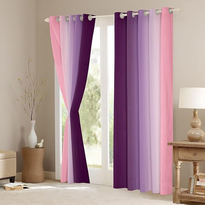 jejeloiu Purple Darkening Drapes (2 Panels, 42 x 63 Inch) Ombre Pink Curtains for Bedroom Living Room for Kids Decor Gradient Style Blackout Curtains Abstract Window Treatments