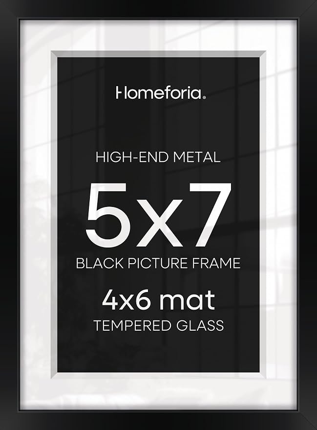 Homeforia 5x7 Picture Frame Black, High End Metal 5 x 7 Black Frames with Mat 4 x 6 for Art, 5x7 Desk Frame Matted to 4x6 inch Photo, 5 by 7 Wall or Tabletop Frames, Tempered Glass, Wall Kit, Set of 2