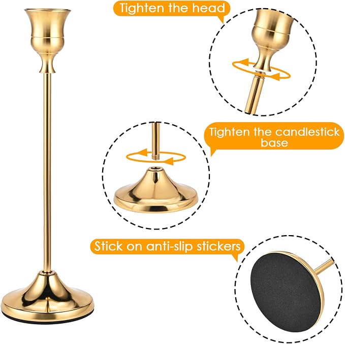 Brass Gold Candle Holders Set of 12, Metal Taper Candlestick Holders in 3 Heights - Vintage Candle Stick Holder Brass Decor - Candle Holder Centerpieces for Wedding Table Home Christmas Decoration