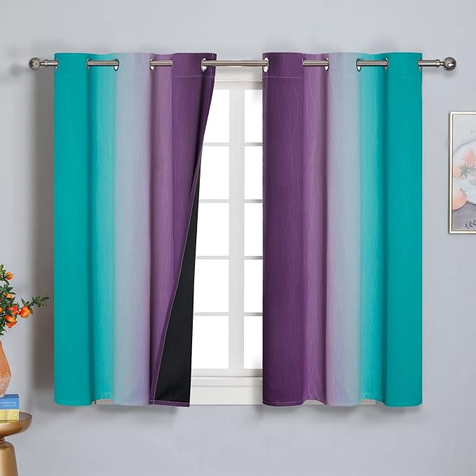 Estelar Textiler Ombre Teal and Purple Blackout Curtains 2 Panels, Grommet Thermal Insulated Gradient Drapes for Kids Room Bedroom, 42x45 Inch