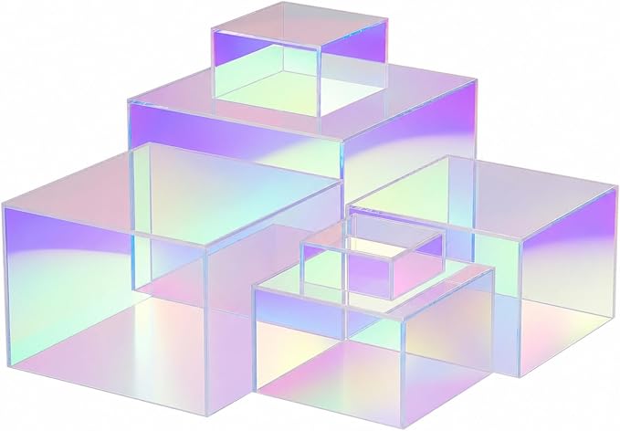 Geelin 6 Pack Acrylic Risers for Display Acrylic Cube Boxes Risers Display Stands with Hollow Bottoms Decorative Stand for Jewelry Candy Table Decor 6 Sizes (Iridescent,3 to 8 Inch,Square)