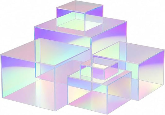 Geelin 6 Pack Acrylic Risers for Display Acrylic Cube Boxes Risers Display Stands with Hollow Bottoms Decorative Stand for Jewelry Candy Table Decor 6 Sizes (Iridescent,3 to 8 Inch,Square)