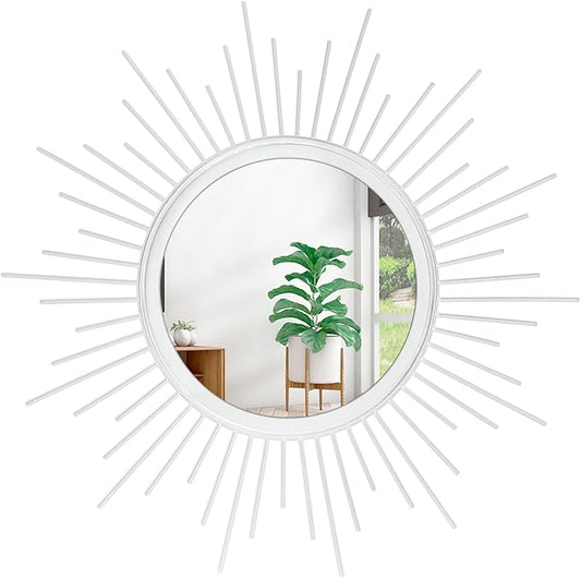 Wall Decor Spoked Sunburst Accent Wall Mirror Round Home Modern Metal Art Mirror for Bathroom Living Room Hallway Bedroom Balcony Farmhouse Entrance White 12"