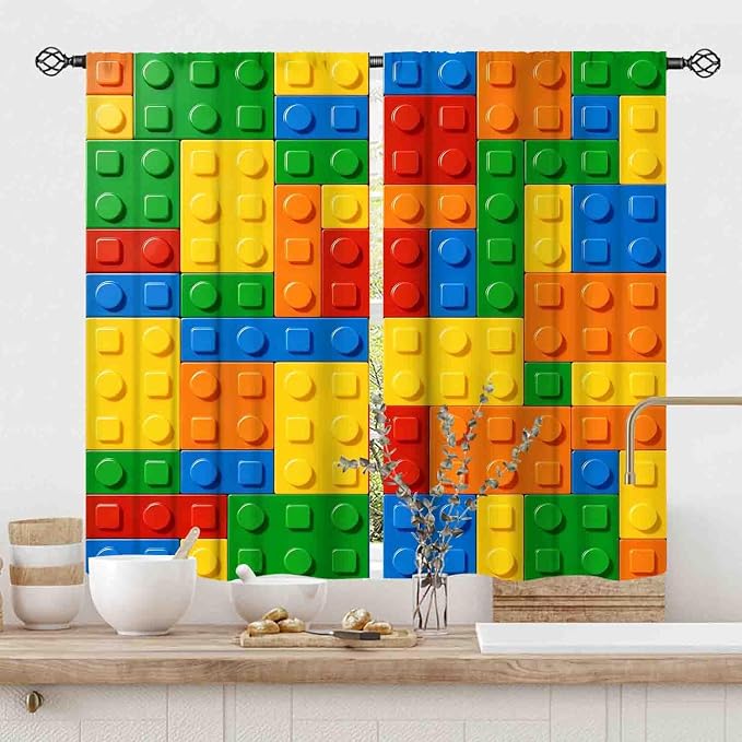 Building Blocks Curtains for Boys Room, Abstract Colorful Plastic Building Brick Blocks Geometric Printed Pattern Window Treatment Drapes for Kids Baby Bedroom Living Room, 84"x84" Inch