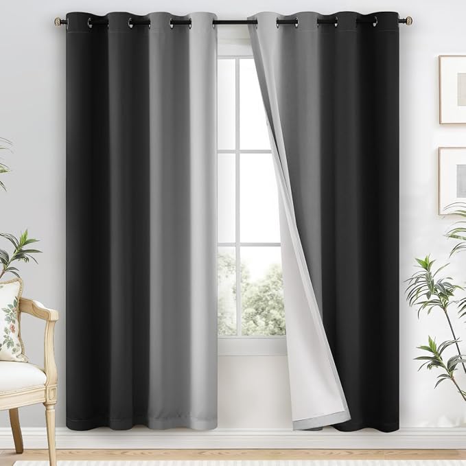 Yakamok 100% Blackout Curtains Ombre Black Curtains for Bedroom 72 Inch | 2 Layers,Room Darkening Grommet Gradient Drapes,Light Blocking Thermal Insulated Window Curtains for Living Room 52W x 72 L