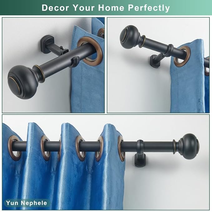 Heavy Duty Curtain Rods, 1 1/8" Diameter Curtain Rod for Window 36-72 Inch(3-6ft), Single Drapery Rods with Classic Finials and Adjustable Aluminum Alloy Brackets, Matte Black