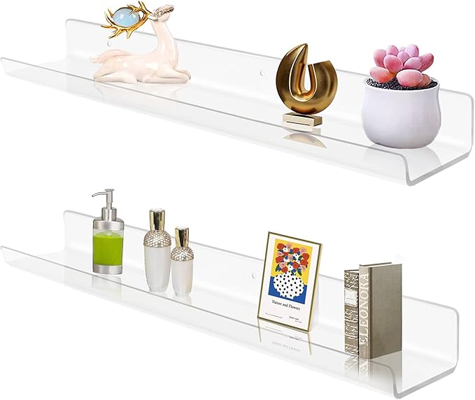 ROYALITA 24 Inches Acrylic Floating Book Shelves Wall Mounted Set of 2, Wall Hanging Plant Display Shelves, Room Decor Floating Wall Shelves for Gaming Room, Bedroom, Living Room, Office, Clear